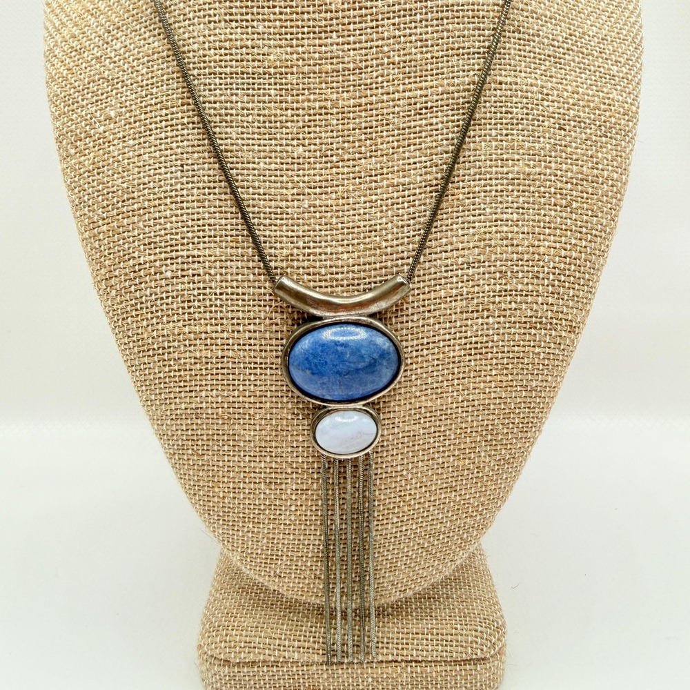 Vintage Silver Tone w/ Blue and White Stone Fringed Pendant Southwest Necklace
